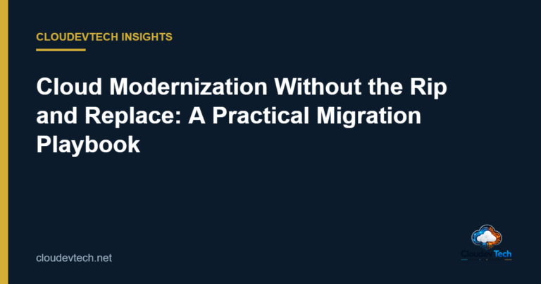 Cloud modernization strategy and migration playbook banner with CloudevTech logo on navy and gold background