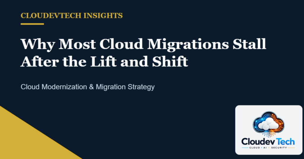 Cloud migration strategy header graphic with CloudevTech logo, navy and gold banner for a blog post on lift and shift cloud modernization